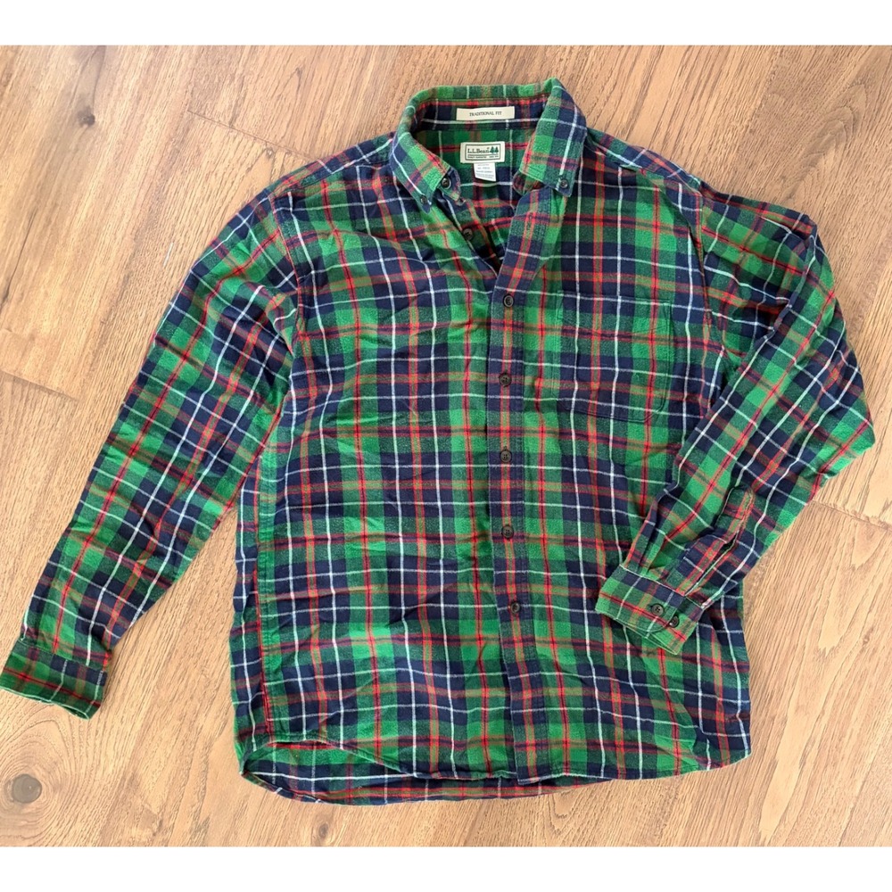 LL Bean Mens Flannel Shirt Traditional Fit Green Navy Red Plaid Cotton M 228061